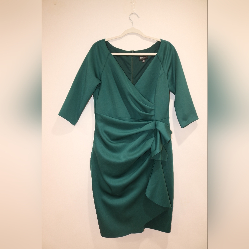 Xscape Petite Ruffle Faux-Wrap 3/4-Sleeve MIDI Dress - Hunter